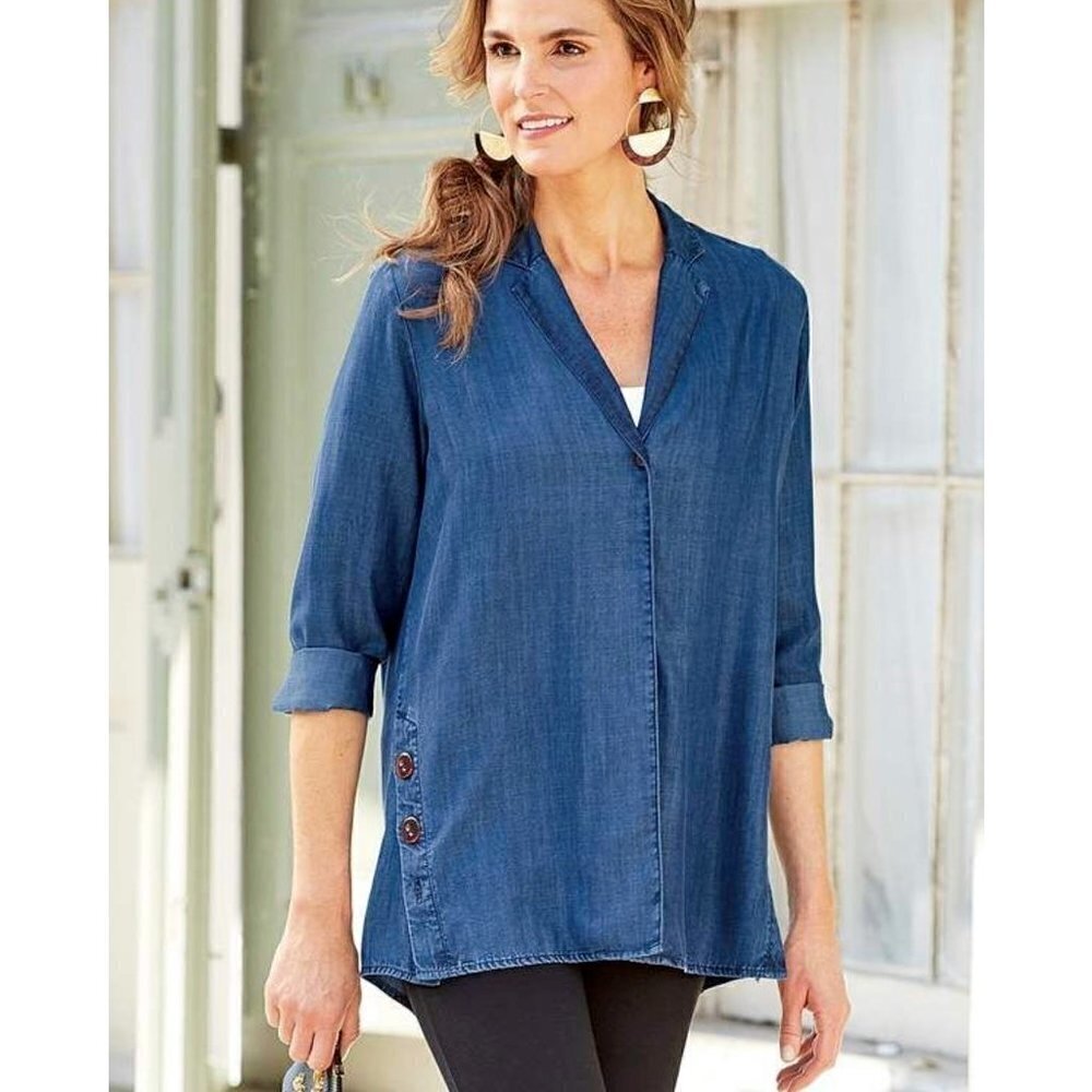 Soft Surroundings Womens Button Up Shirt Blue Denim Long‎ Sleeve Collar Slit S